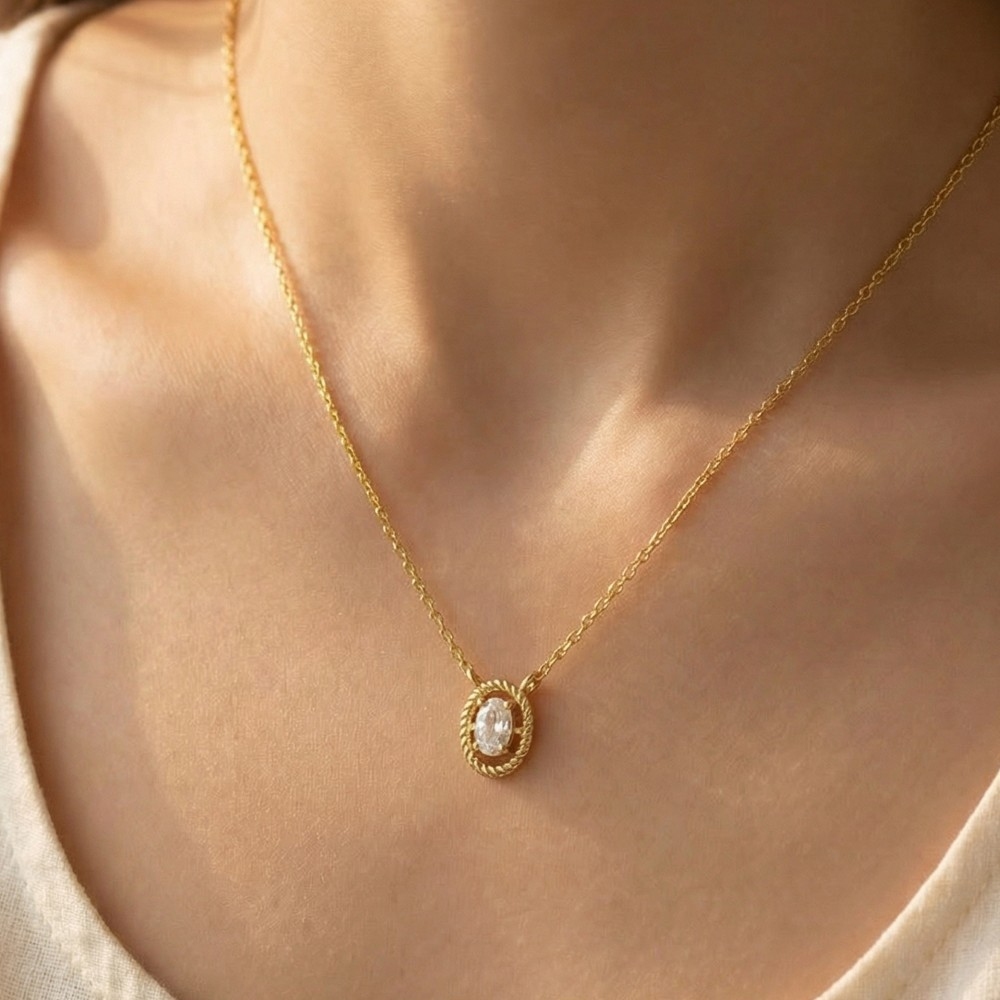 Gold Oval Cz Rope Bezel Pendant Necklace