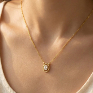 Gold Oval Cz Rope Bezel Pendant Necklace