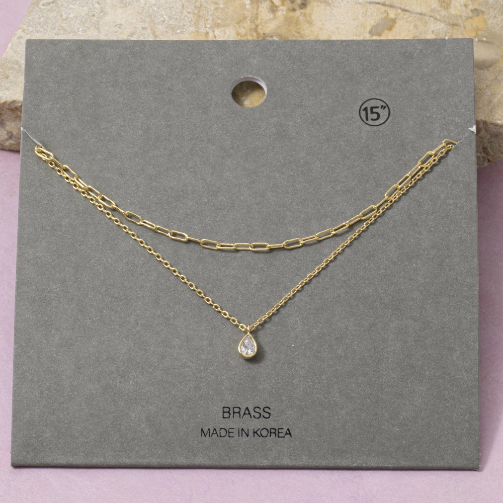 Layered Teardrop Bezel Cz Pendant Necklace
