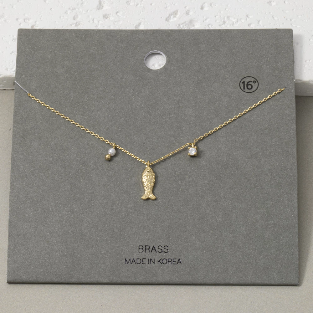 Fish With Pearl And Cz Charm Necklace