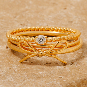 3Pc Bow And Cz Band Rings Set