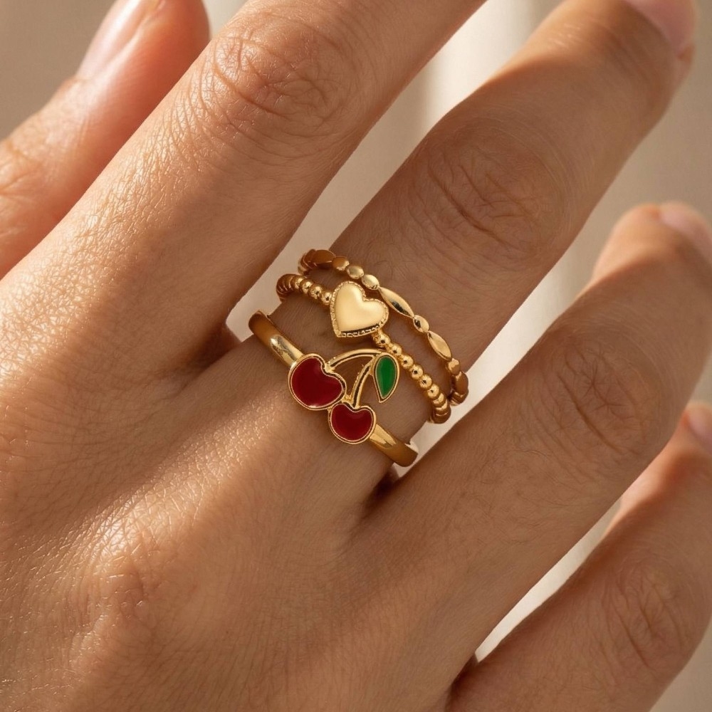 3Pc Heart And Cherry Station Band Ring Set