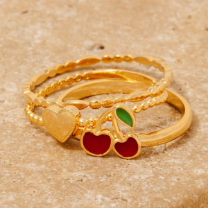 3Pc Heart And Cherry Station Band Ring Set