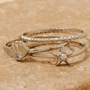 3Pc Cz Seashell And Star Band Rings Set