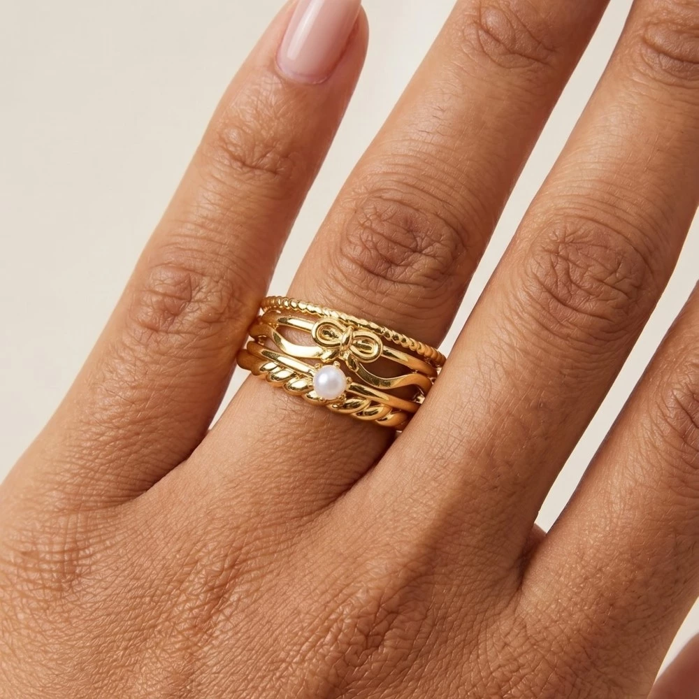 5Pc Bow And Pearl Mixed Band Rings Set