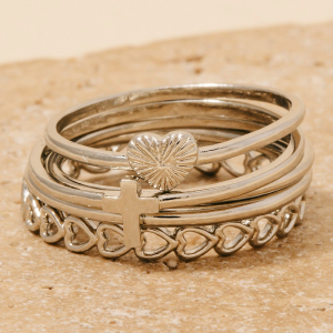 5Pc Heart And Cross Station Band Rings Set