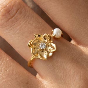 Flower Cz & Pearl Open Cuff Ring