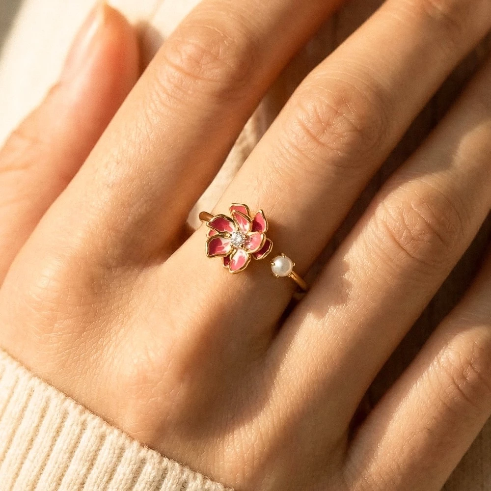 Enamel Flower Cz Pearl Open Ring