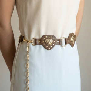 Filigree Heart Faux Leather Panels Chain Belt