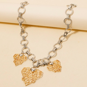Two Tone Chain And Filigree Hearts Charms Necklace