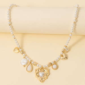 Mixed Heart Charms Pearl And Metallic Beaded Necklace