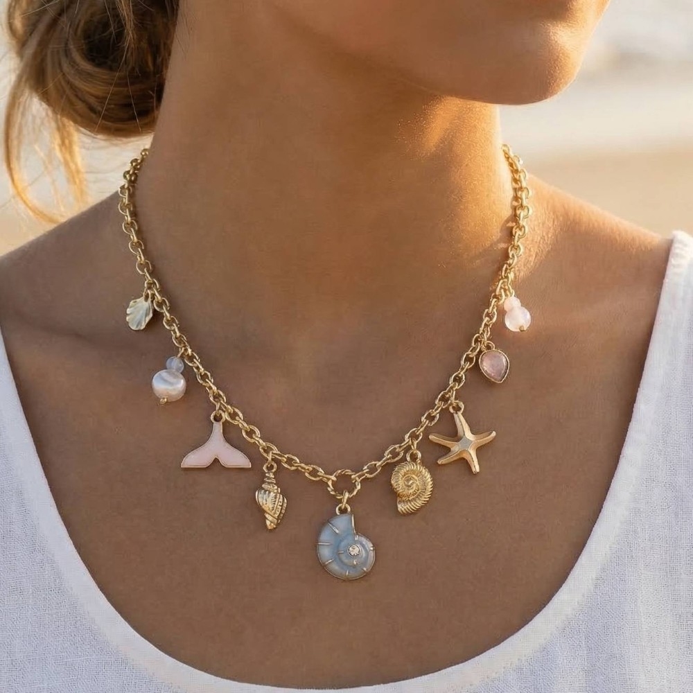 Mixed Sea Life And Pearl Charms Chain Necklace