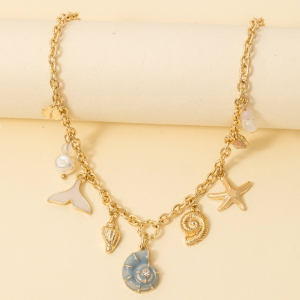 Mixed Sea Life And Pearl Charms Chain Necklace