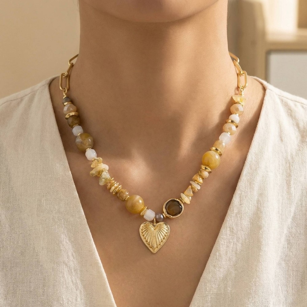 Heart Pendant Mixed Marble Resin Beaded Necklace