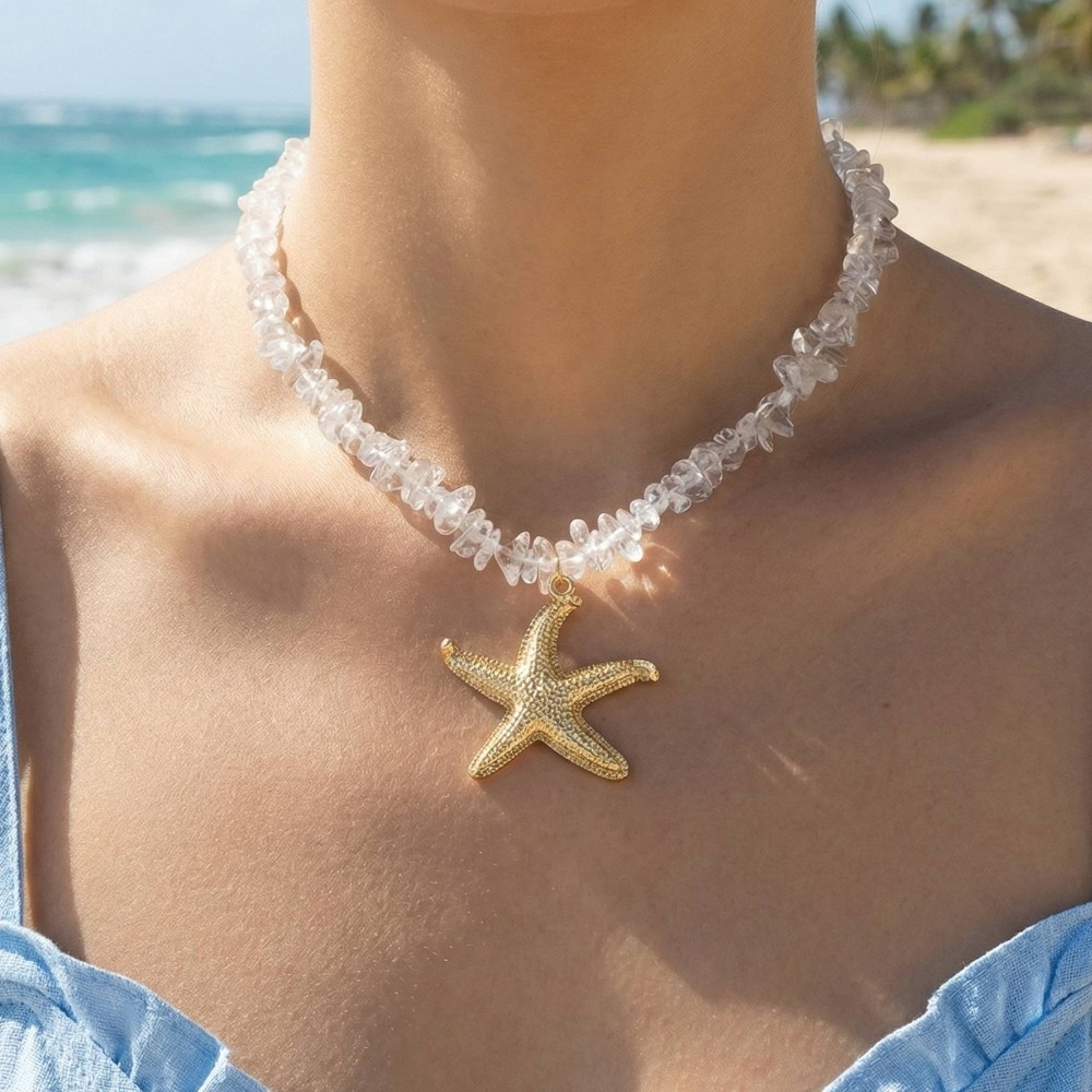 Starfish Pendant Clear Resin Beaded Necklace