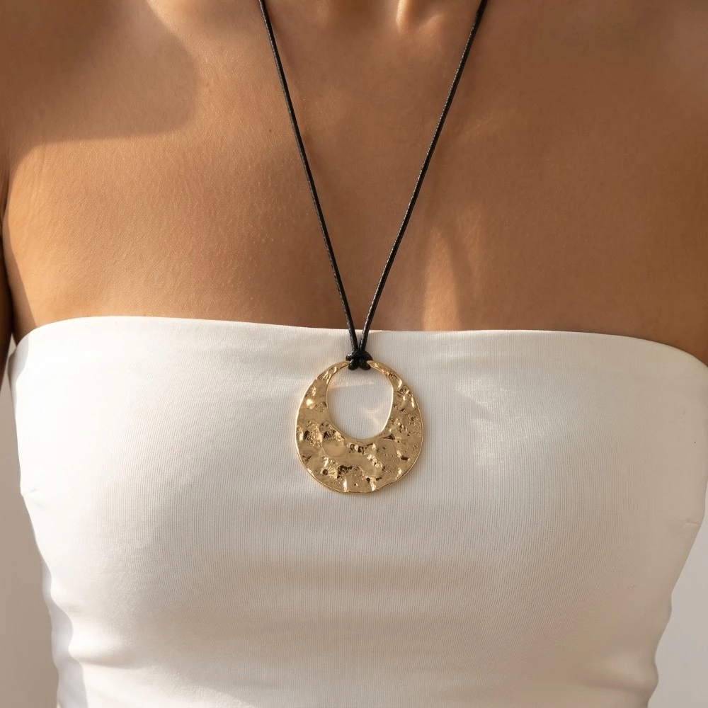 Hammered Oval Pendant Cord Necklace