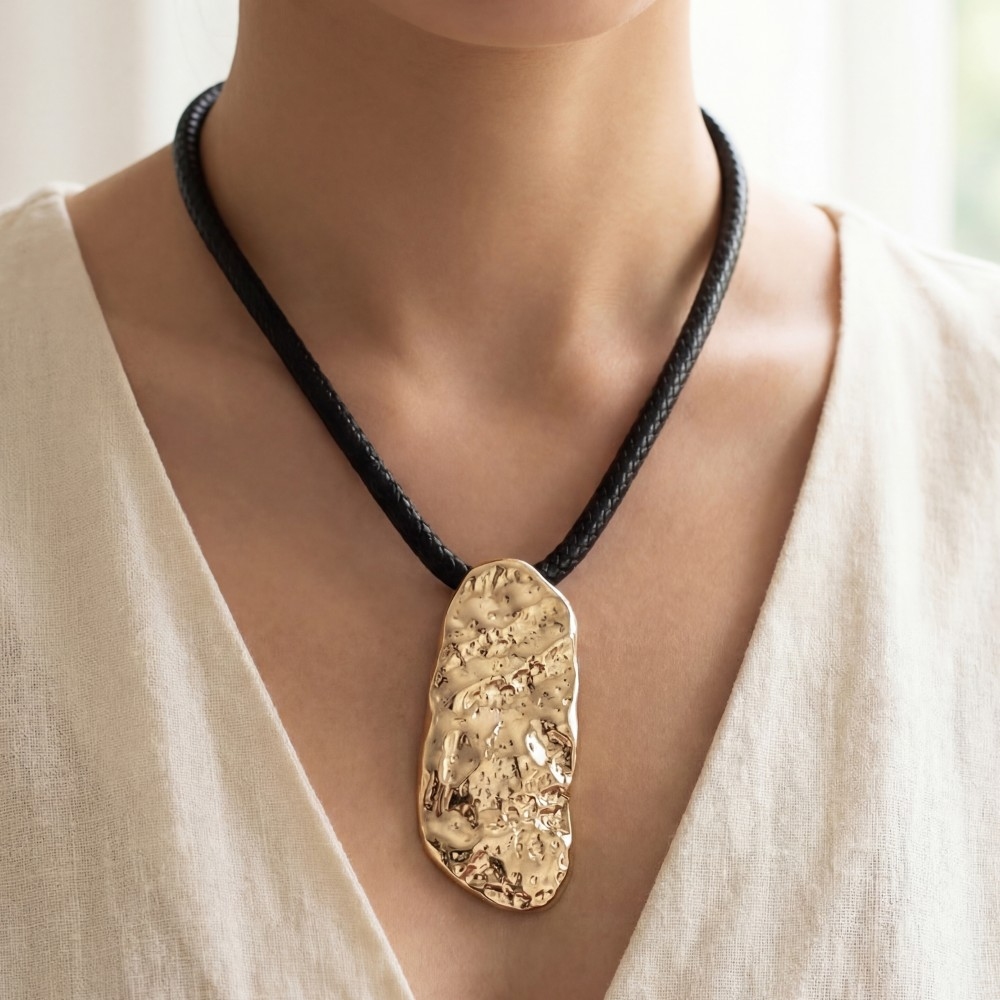 Braided Cord Hammered Gold Pendant Statement Necklace