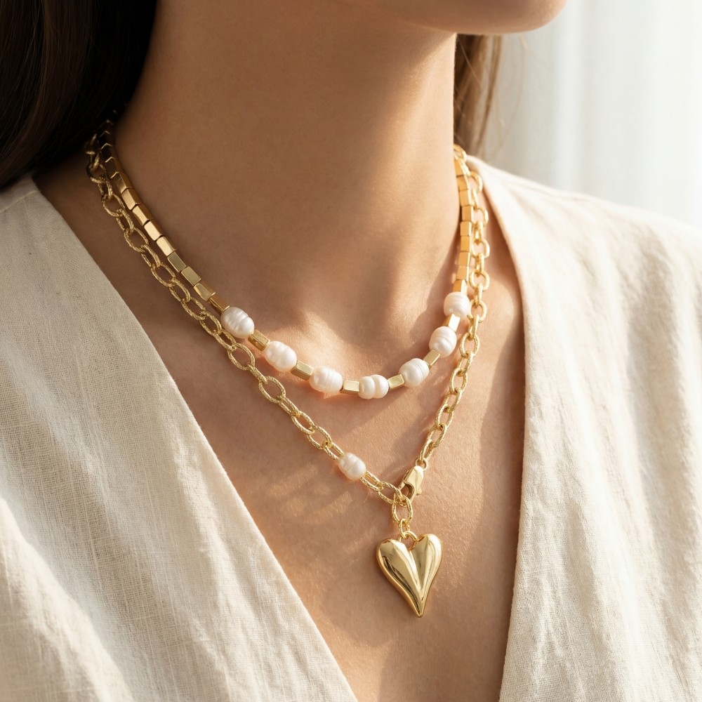 Heart Pendant Mixed Beads And Chain Layered Necklace