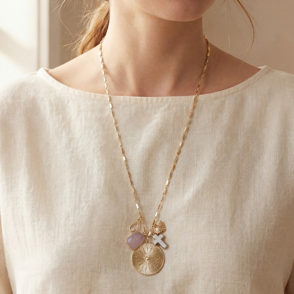 Cross Heart And Coin Pendants Necklace