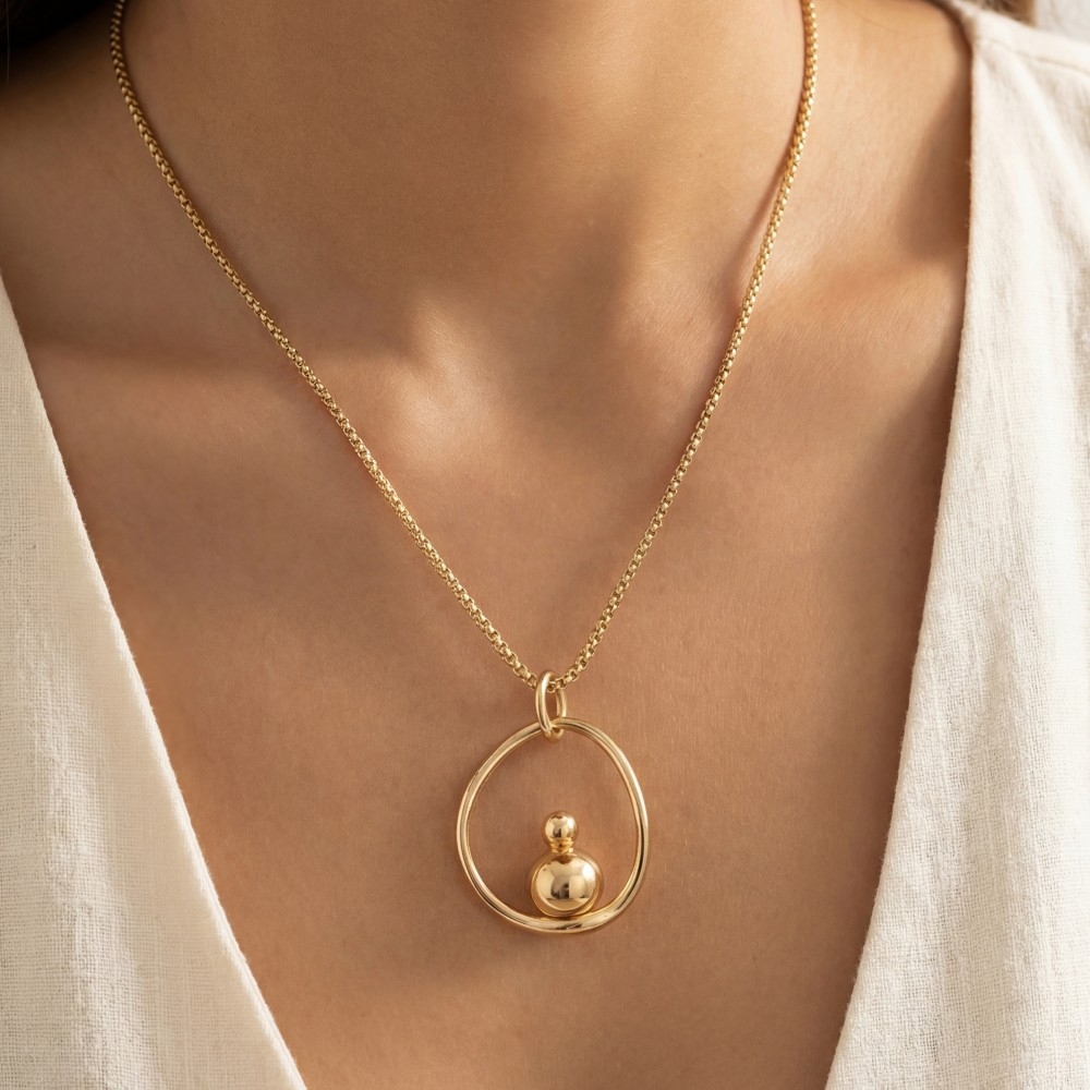 Gold Orb Circle Pendant Long Necklace