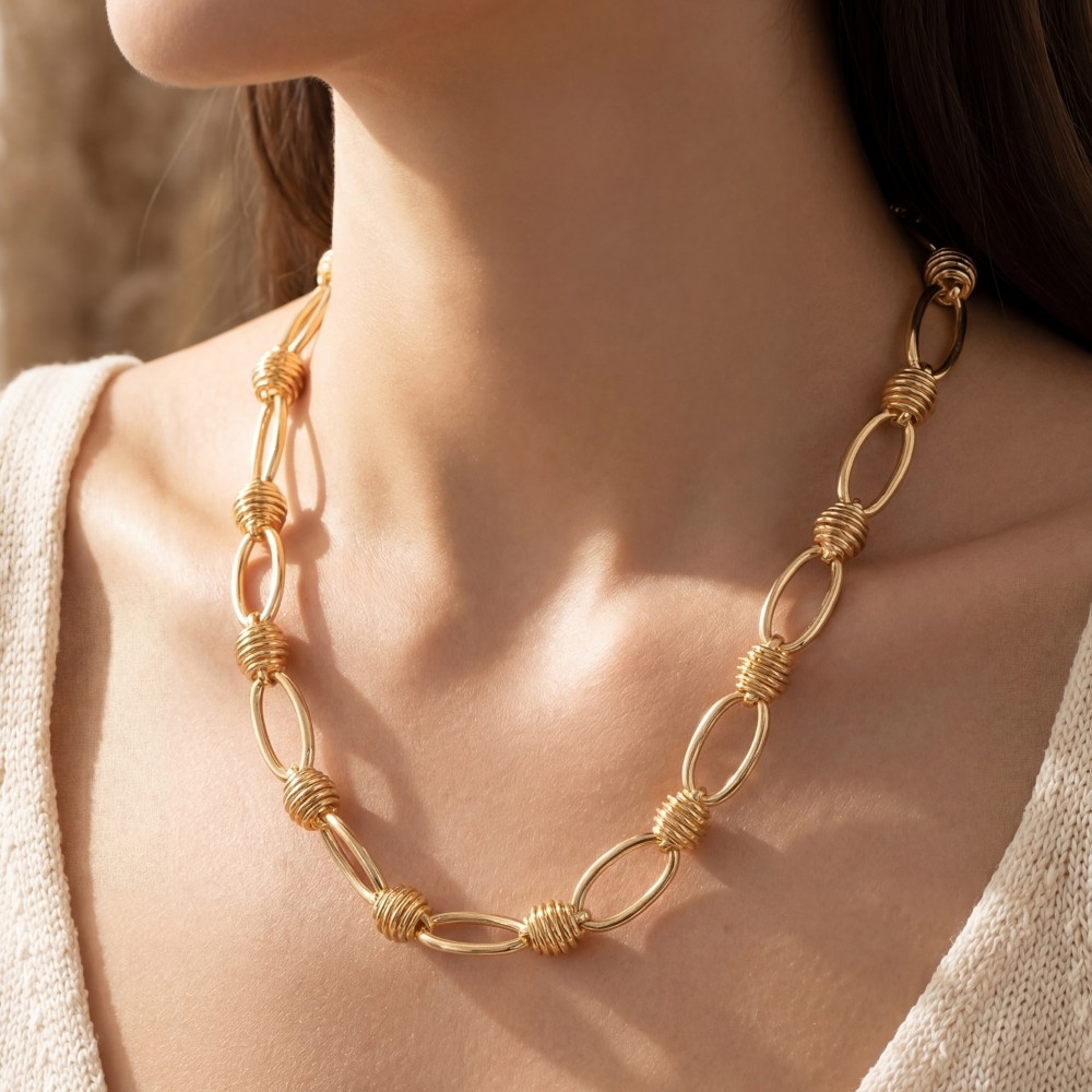 Coiled Connector Beads Oval Link Chain Necklace