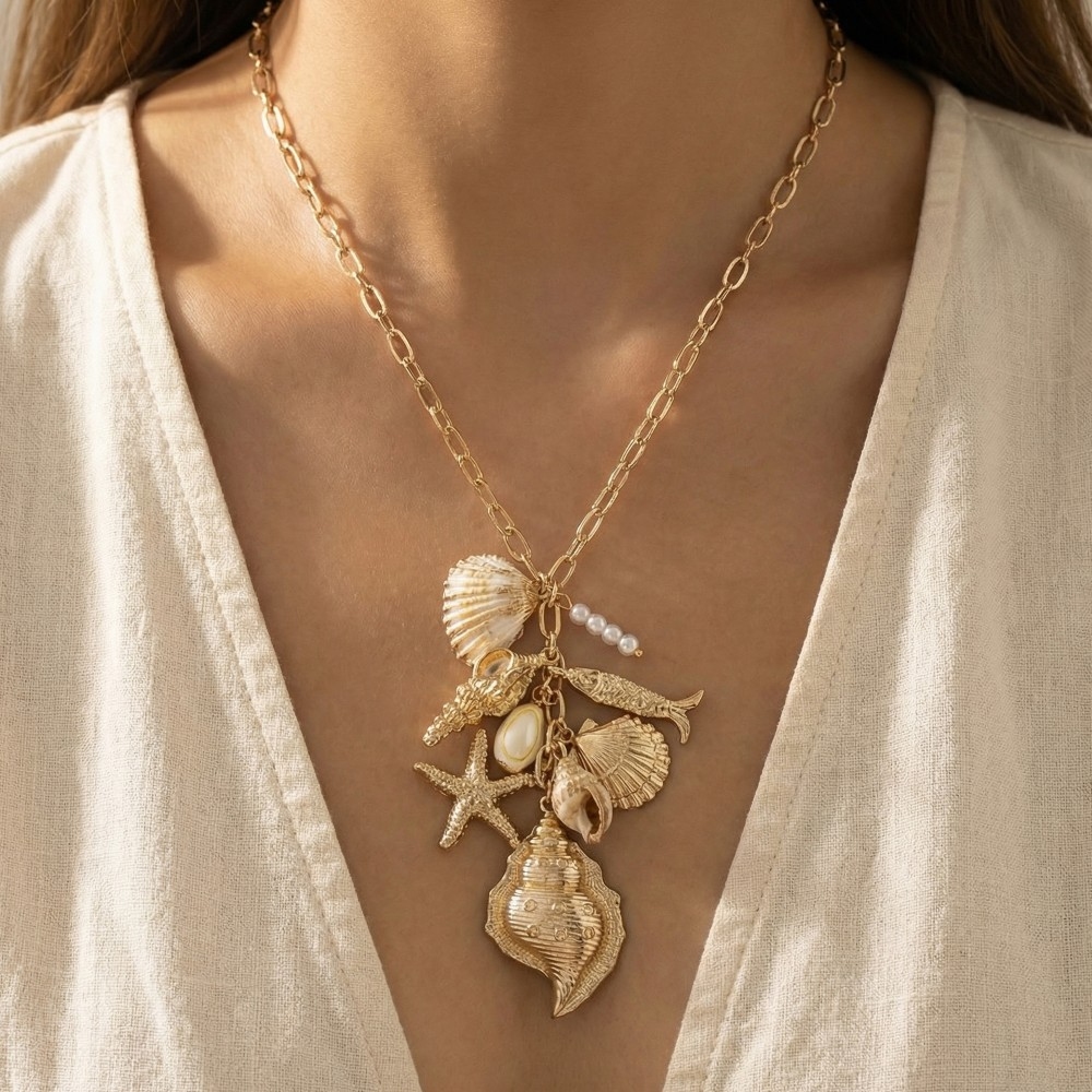 Gold Sea Charm Cluster Chain Necklace