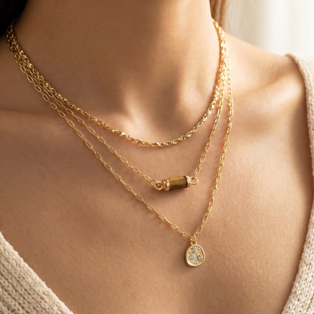Triple Layer Gold Stone Pendant Necklace