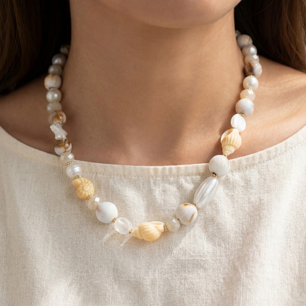 Pearl Shell And Faceted Glass Beaded Necklace