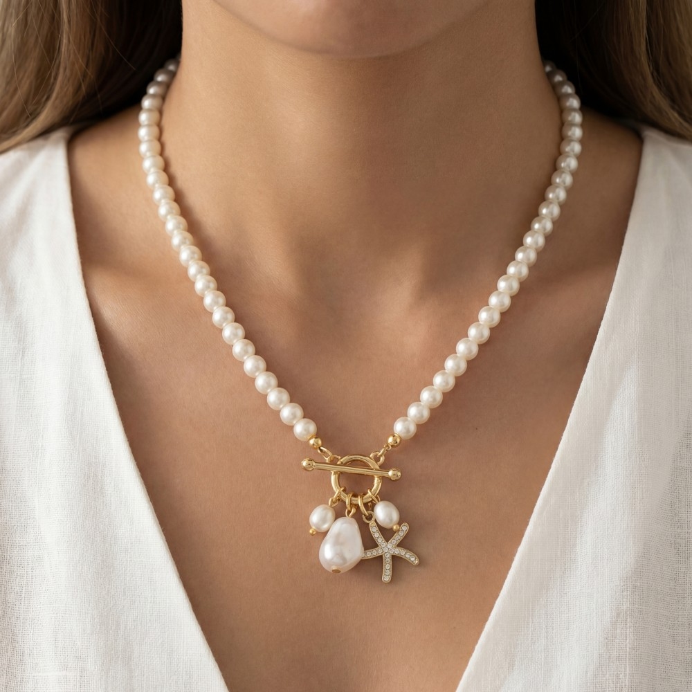 Starfish And Pearl Pendants Beaded Necklace
