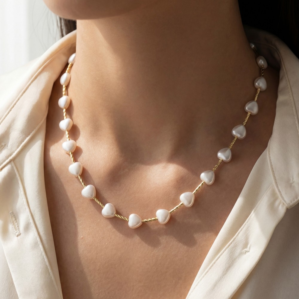 Station Pearl Hearts And Twisted Tube Necklace