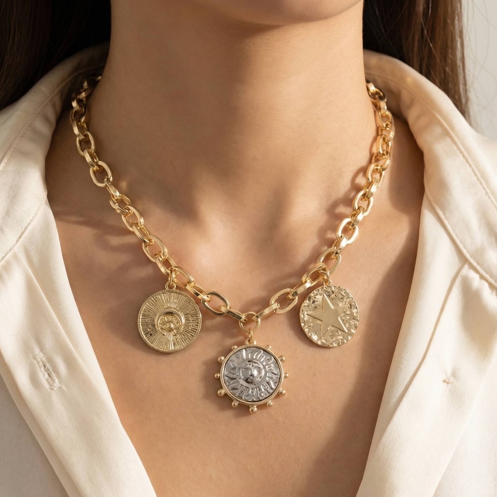 Mixed Coin Charms Oval Chain Necklace