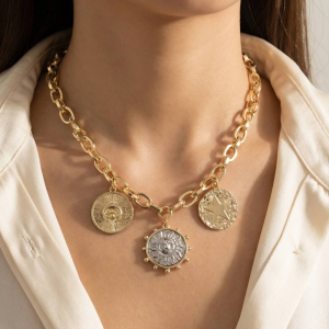 Mixed Coin Charms Oval Chain Necklace