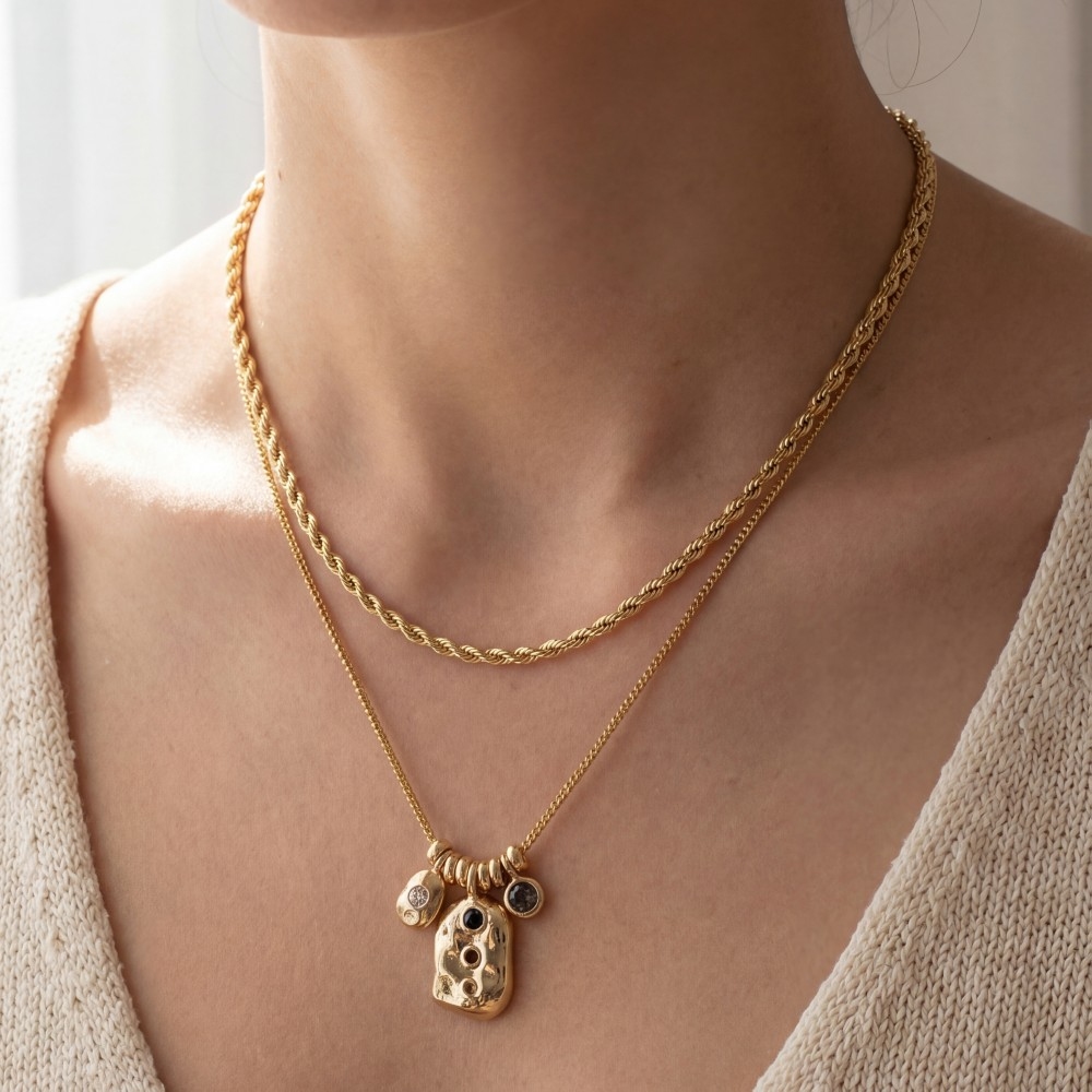 Hammered Charm Pendant Double Layer Rope & Box Chain Necklace