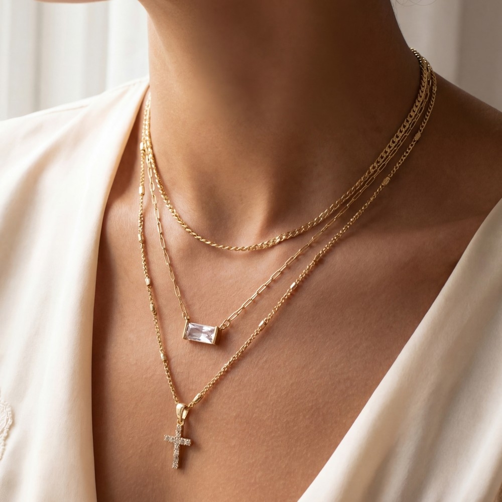 Triple Layered Chain Pave Cross Pendant Necklace