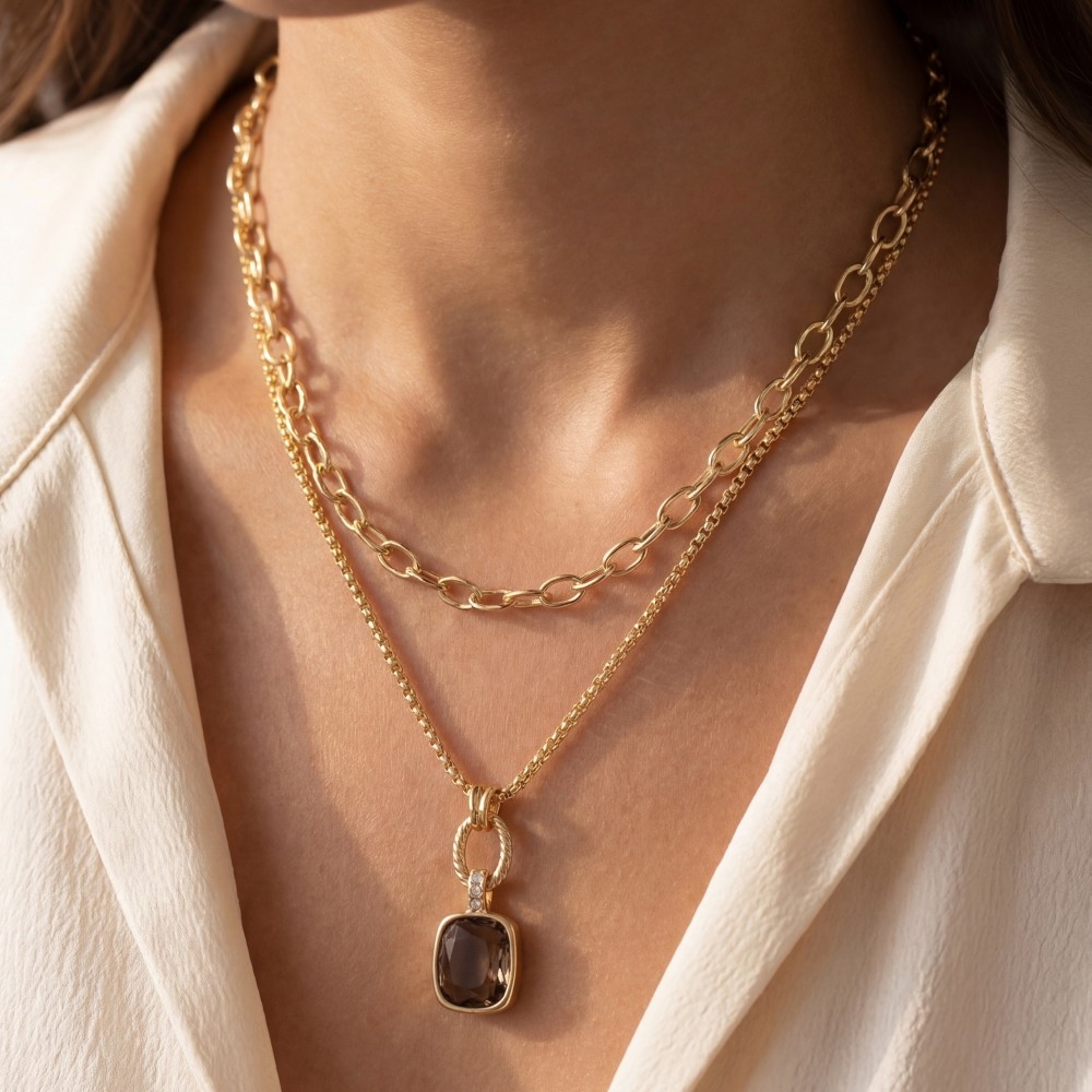 Double Layered Chain Crystal Square Pendant Necklace