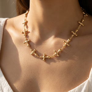 Puffy Molten Cross Link Chain Statement Necklace