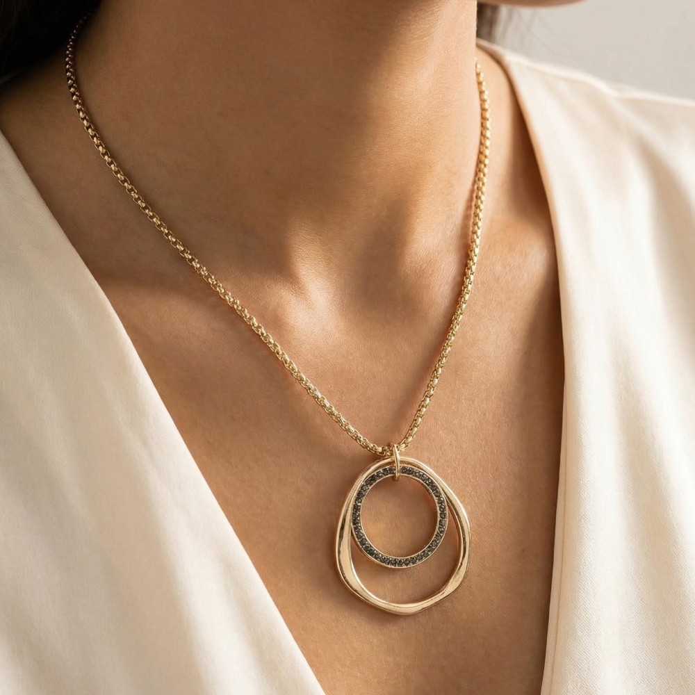 Gold Double Circle Long Pendant Necklace