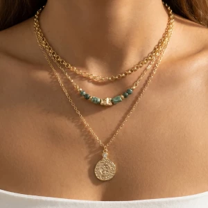 Layered Semi Precious Stone Coin Pendant Necklace