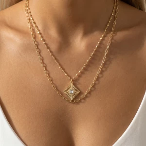 Crystal Sunburst Medallion Layered Necklace
