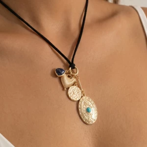 Suede Cord Turquoise Medallion Pendant Necklace