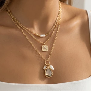 Layered Pearl Cz Teardrop Crystal Pendant Necklace