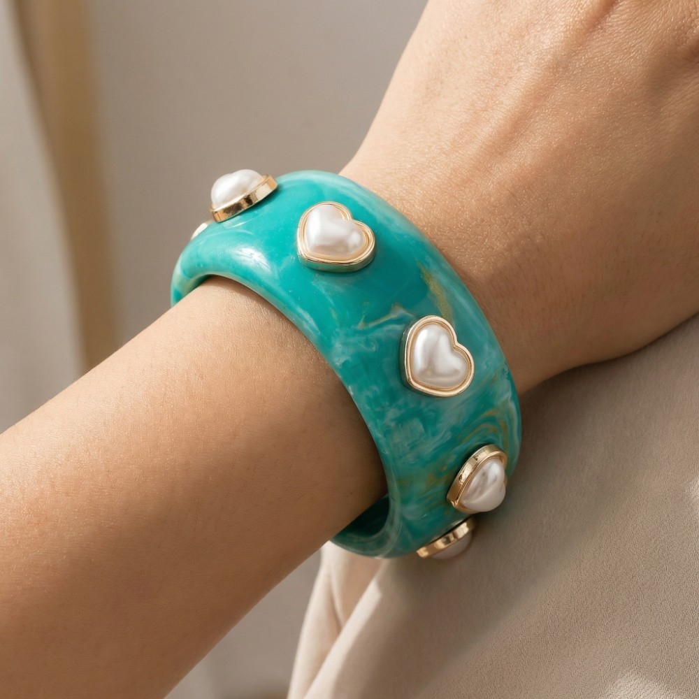 Wide Marble Resin Heart Pearl Studded Bangle Bracelet