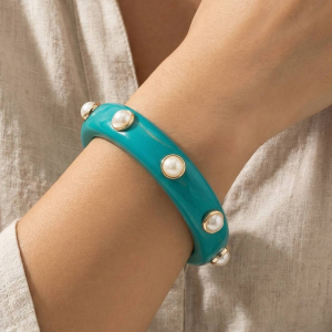 Marble Resin Heart Pearl Studded Bangle Bracelet