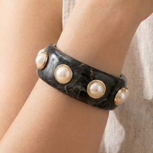 Black Marble Resin Pearl Dome Studded Bangle Bracelet