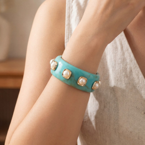 Turquoise Marble Resin Pearl Dome Studded Bangle Bracelet