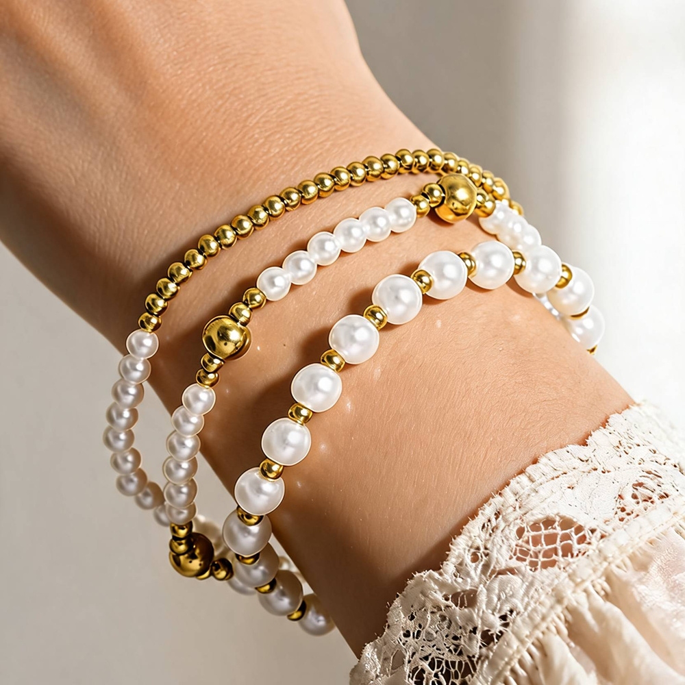 Pearl And Bead 3 Strand Stretch Bracelet Set