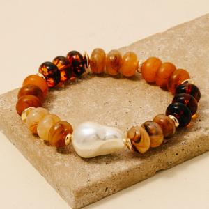 Wide Marble Resin And Disc Beaded Bracelet