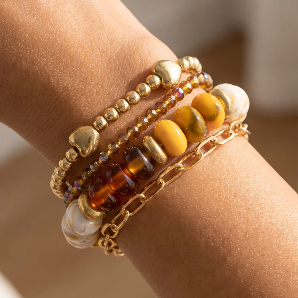 Heart Accent Beaded Multi Strand Bracelet Set
