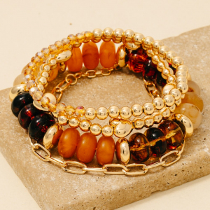 Marble Resin And Metallic Hearts Beads Chains Layered Bracelet Set