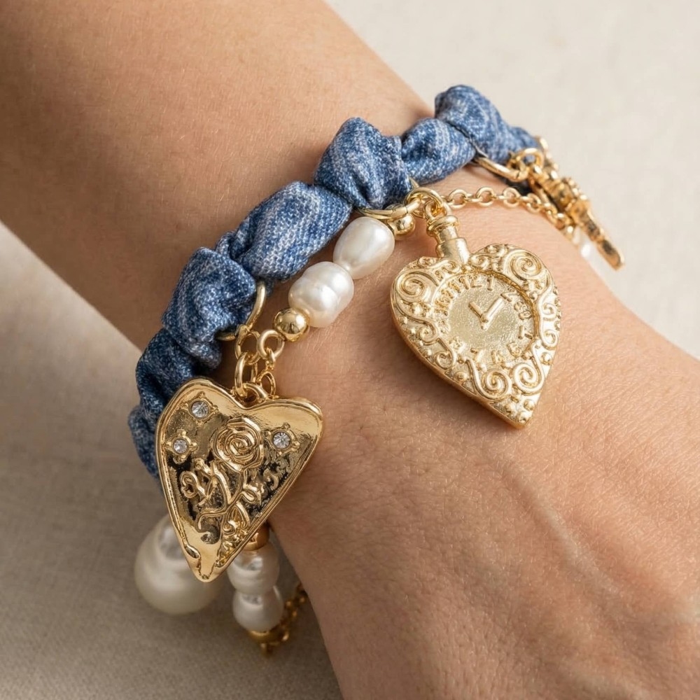 Cross Floral Hearts And Pearl Charms Denim Knotted Bracelet